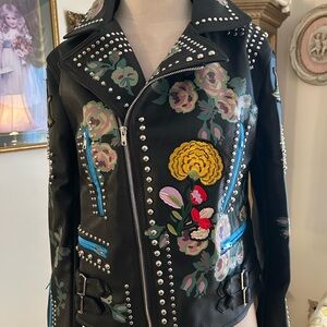 Floral Studded Black Leather Jacket with Embroidered Accents